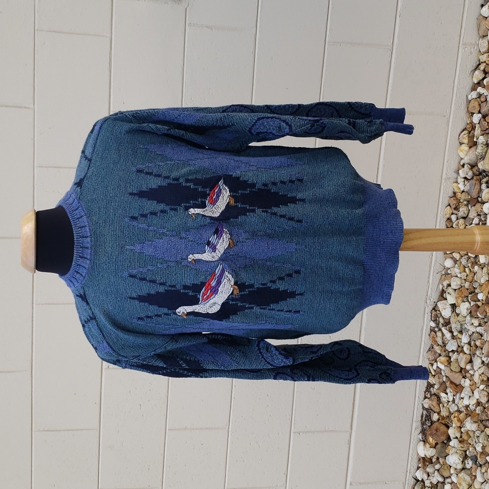 Vintage Carlo Colucci Argyle Knit Sweater Duck Embroidered German Size 48 US M
